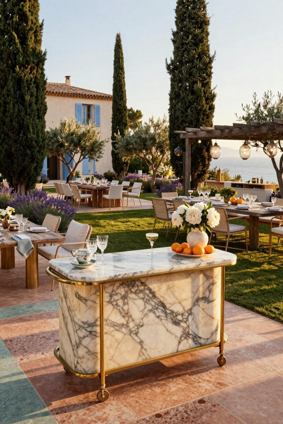 Garden Bday Party featuring Calacatta Gold marble bar cart in Saint-Tropez estate