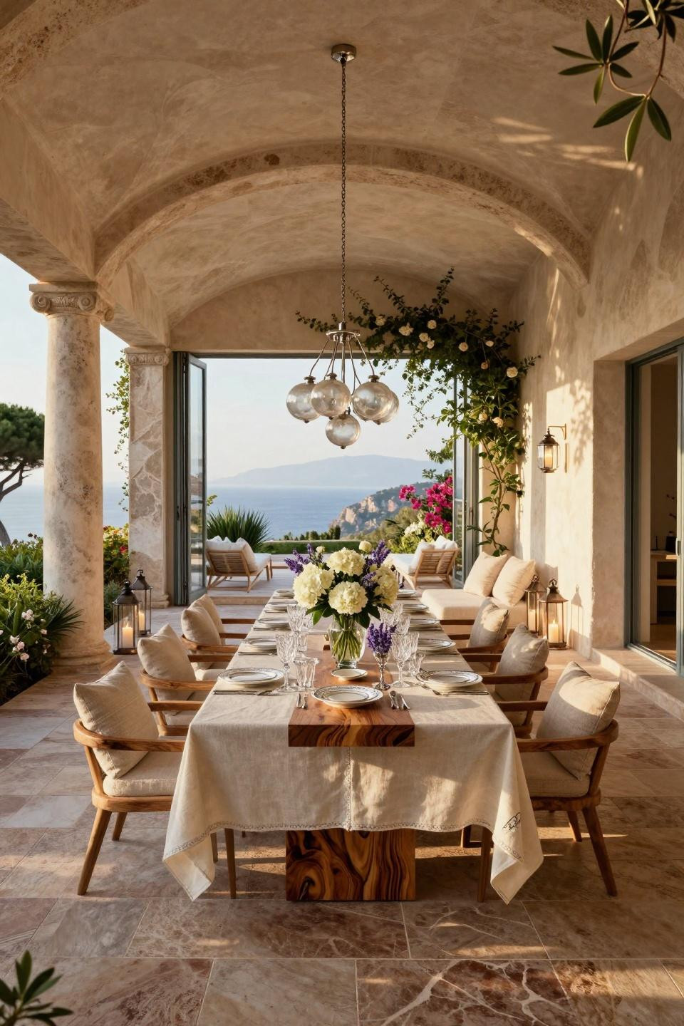 Garden Party Decorations Diy featuring book-matched walnut burl dining table in French limestone pavilion