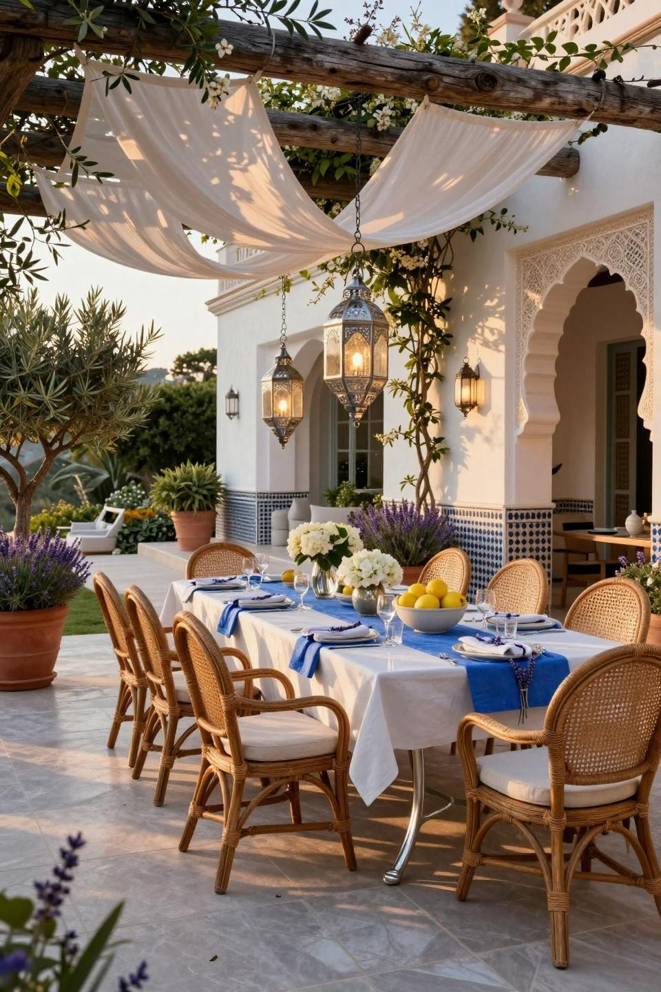 Summer Garden Party Decorations with hand-carved Moorish arches and platinum dining table