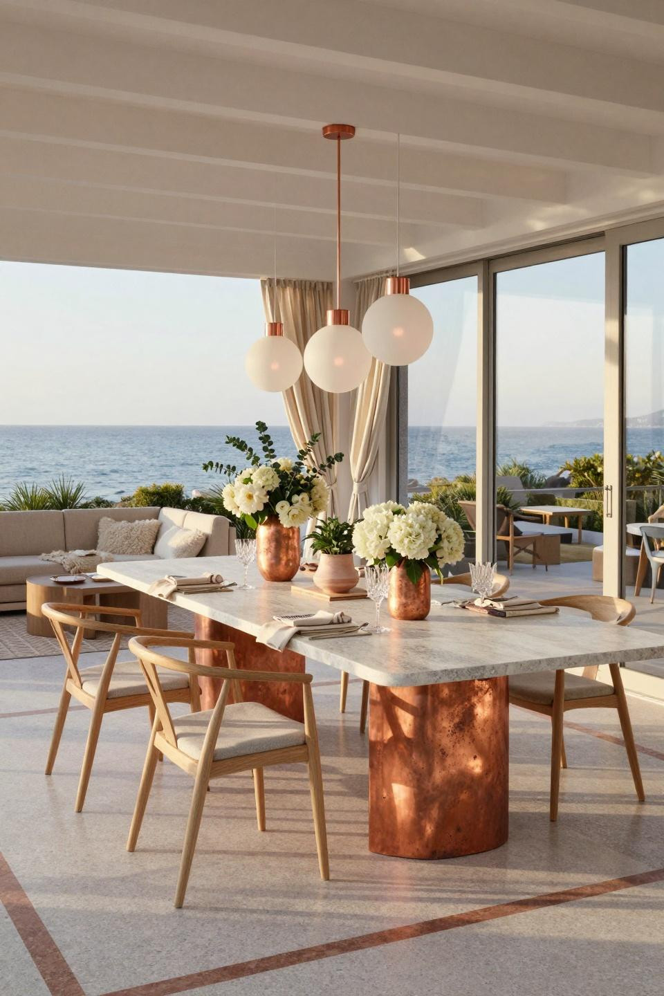 Baby shower inspiration featuring quartzite table with aged copper pendant lighting
