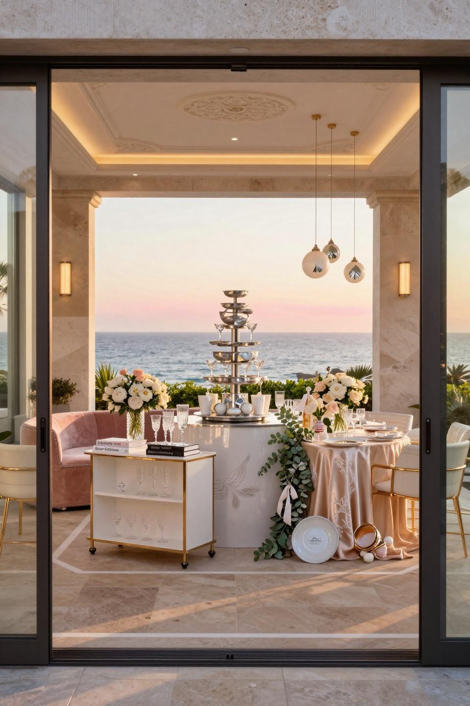 June baby shower themes featuring travertine flooring and bronze lanterns in Art Deco terrace