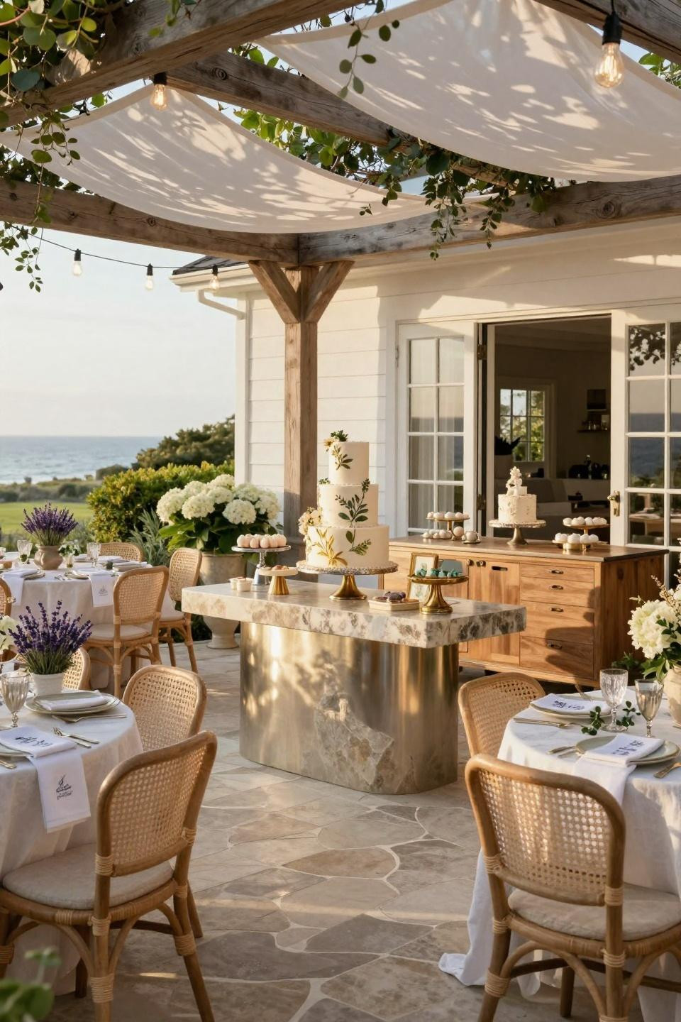 June baby shower ideas featuring French limestone table with polished nickel details