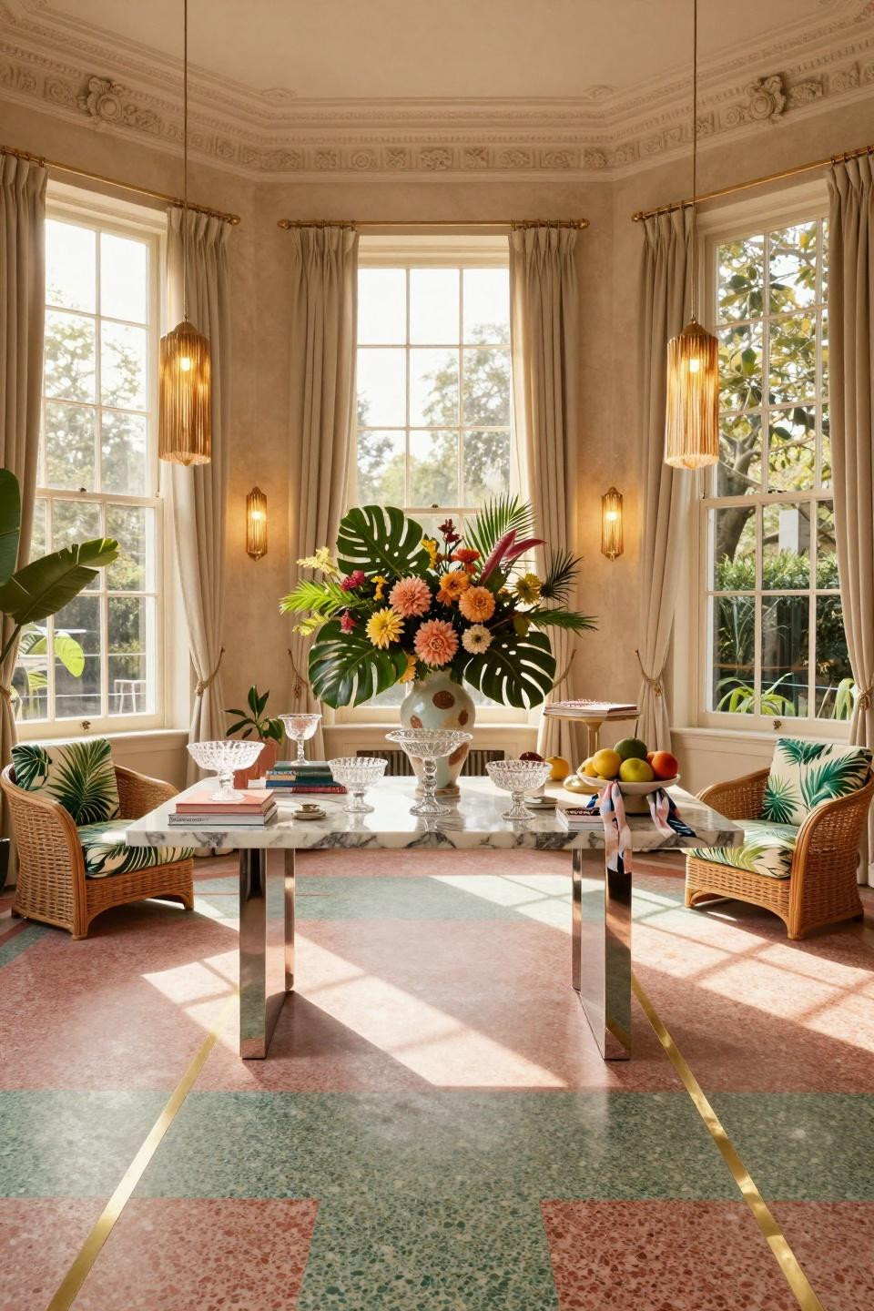 Unique baby shower themes in Georgian townhouse with terrazzo Veneziano flooring