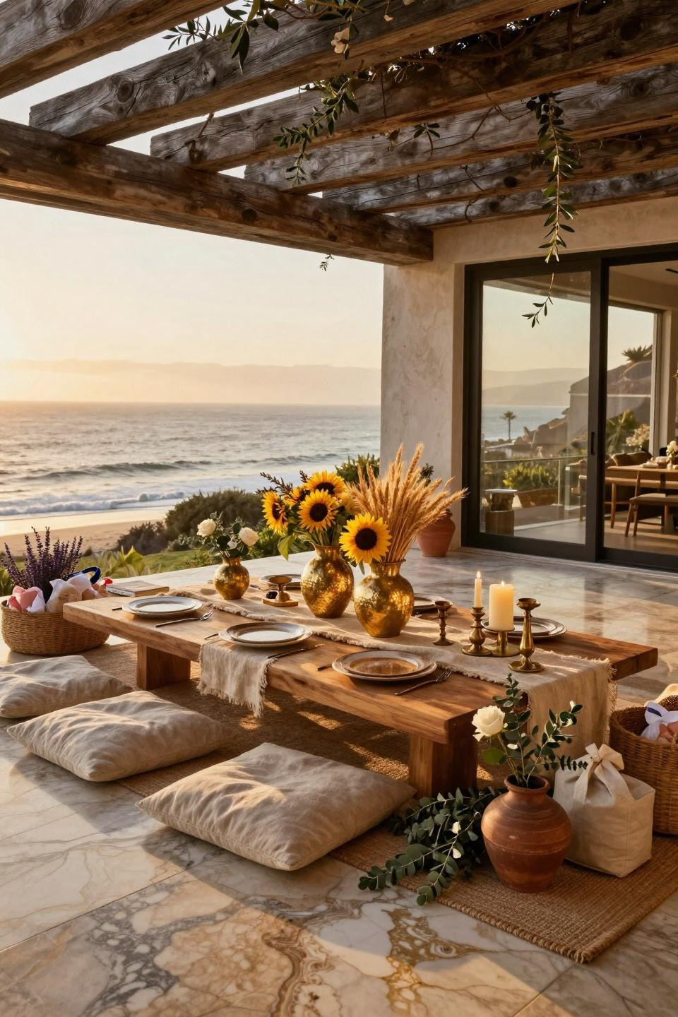 August baby shower ideas featuring Calacatta Gold marble terrace with reclaimed teak pergola