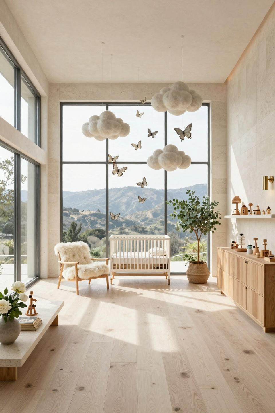 Baby boy baby shower ideas in Beverly Hills with handcrafted ceramic clouds and linen butterflies mobile in sage tones