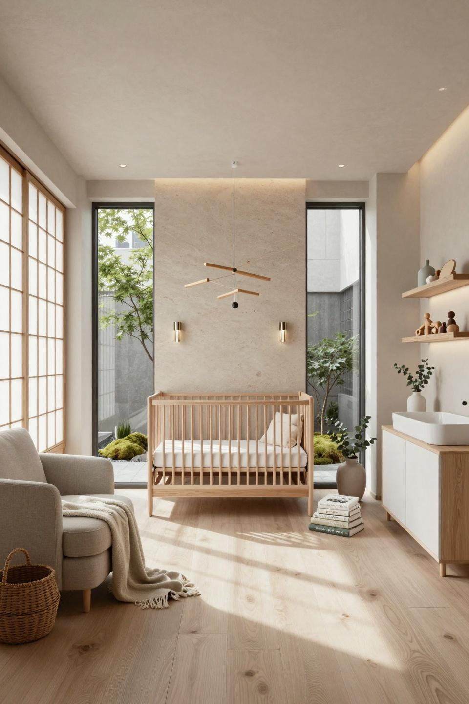Baby boy baby shower ideas in Tokyo luxury apartment with French limestone accent wall and cerused white oak crib