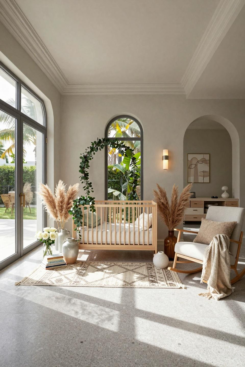 Baby boy baby shower ideas in Miami Art Deco villa with Stokke Sleepi crib and Apparatus Triad sconce in alabaster