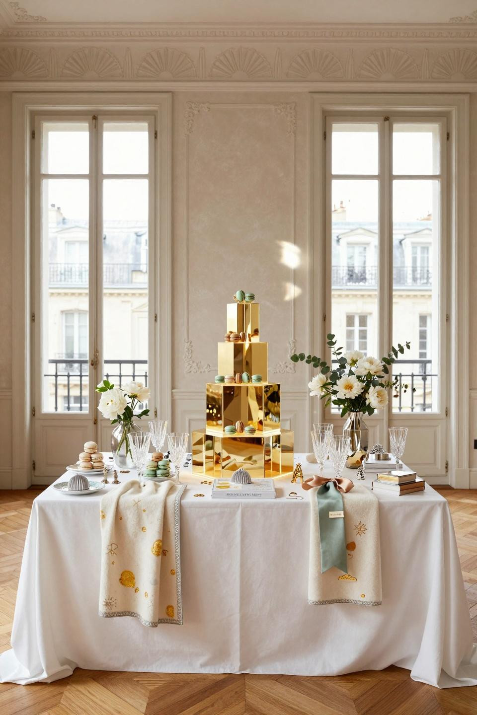 Baby boy baby shower ideas featuring custom Art Deco dessert tower in polished gold leaf with Hermès cashmere blankets