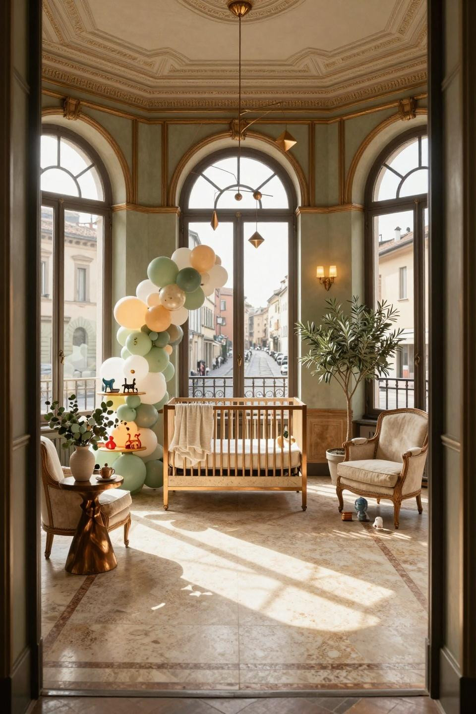 Baby boy baby shower ideas in Milan penthouse with sculptural bronze mobile and travertine-toned Art Deco crib