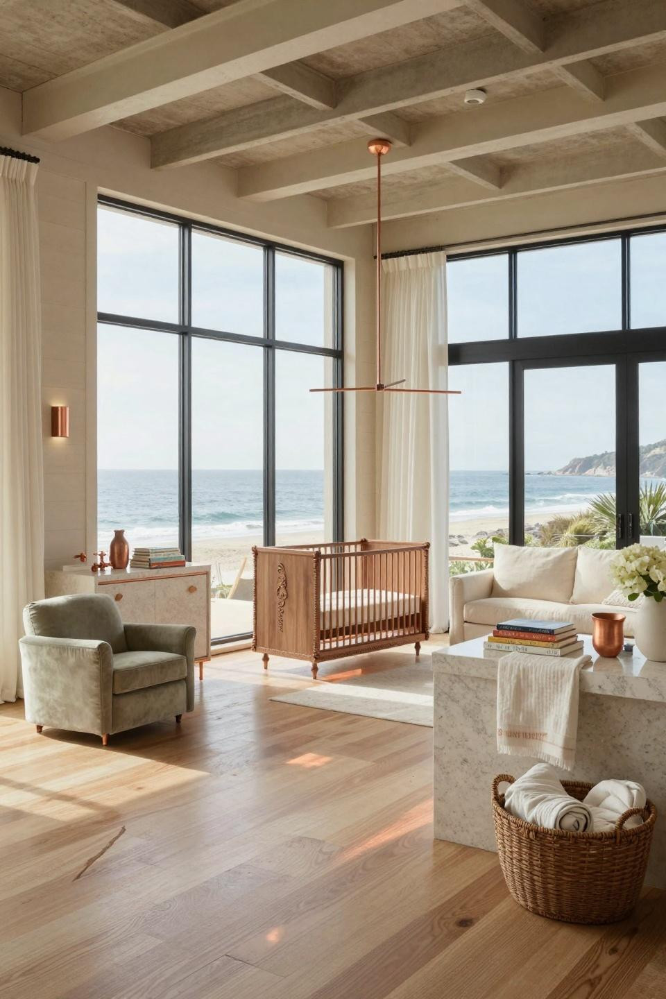 Baby boy baby shower ideas in Malibu with copper Apparatus mobile and quartzite flooring with copper veining