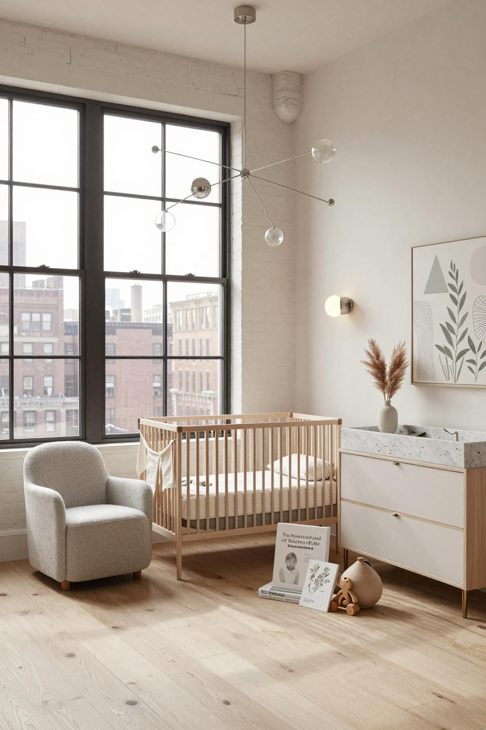 Baby boy baby shower ideas featuring Stokke Sleepi crib in natural beech with Apparatus Highwire mobile in brushed nickel