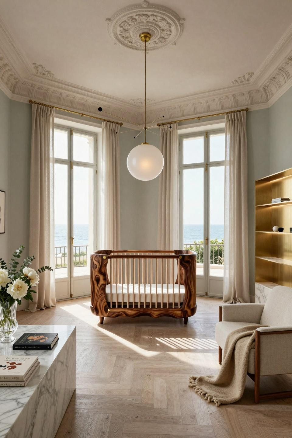 Simple baby shower ideas featuring hand-carved walnut burl crib with brass inlay and Calacatta Gold marble built-ins