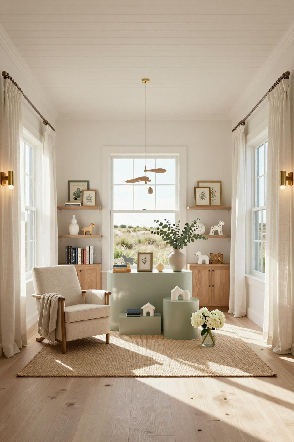 Unisex baby shower ideas featuring modern neutral palette with sage green and warm beige in Amagansett beach house