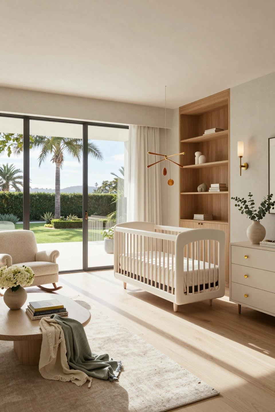 Simple baby shower themes featuring bespoke floating crib in white oak with French Riviera coastal elegance