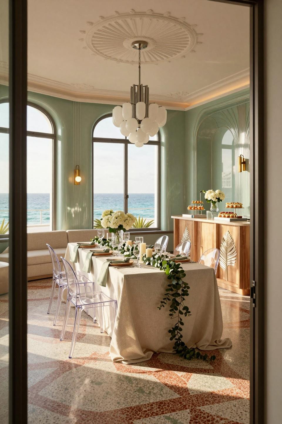 Gender neutral baby shower themes in Art Deco penthouse with terrazzo Veneziano flooring and platinum sunburst moldings