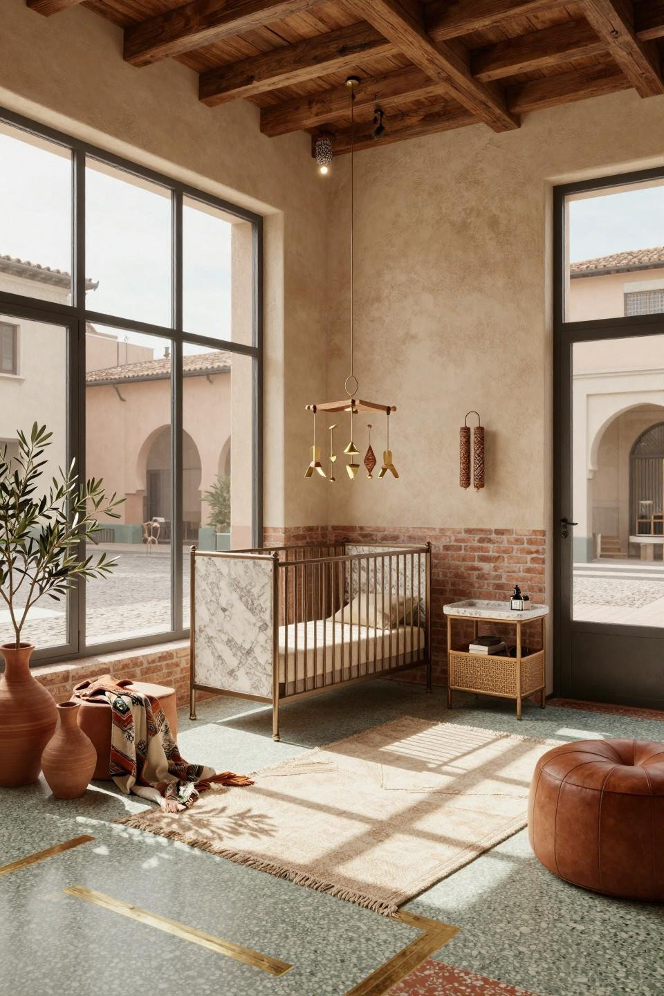 Unique baby shower ideas with aged bronze crib featuring travertine stone accent panels and Moroccan zellige lighting