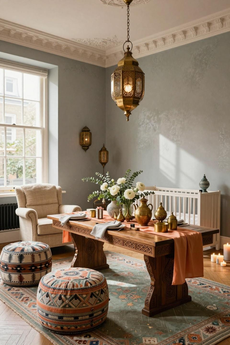 Cute baby shower ideas featuring hand-carved Moroccan cedar celebration table with brass lanterns