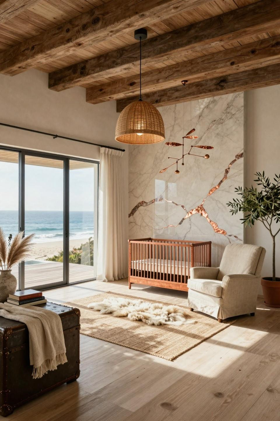 Baby shower inspiration featuring quartzite accent wall with copper veining and aged copper RH Baby & Child crib