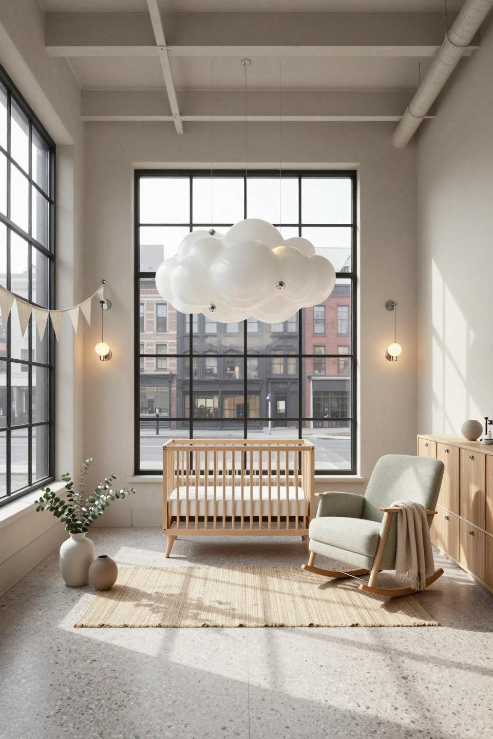 Gender neutral baby shower ideas with Apparatus Studio hand-blown Murano glass mobile and terrazzo Veneziano flooring