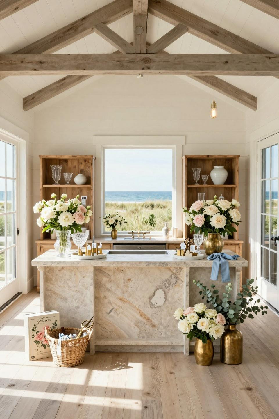 Bloom bar ideas with limestone counter and coastal styling