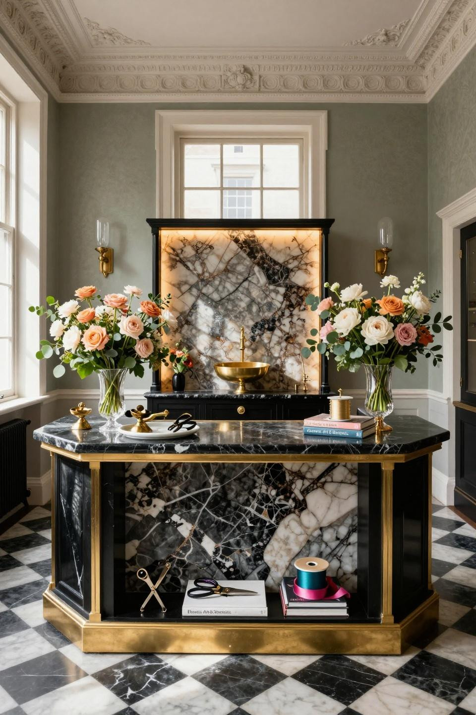 Bloom party station with black onyx and gold leaf trim