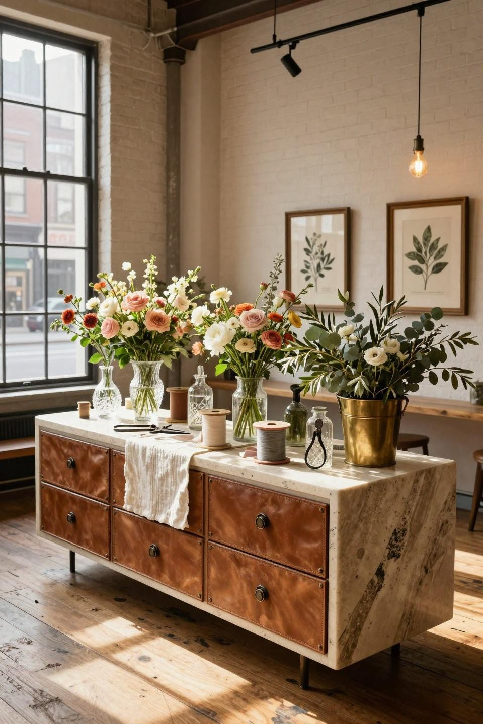 Make your own bouquet station with limestone and leather