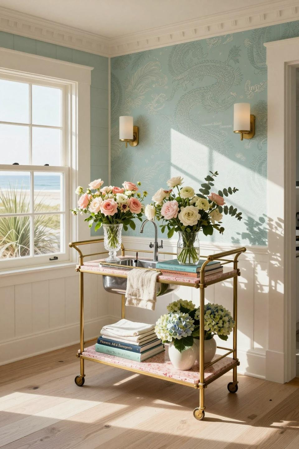 DIY bouquet bar with brass cart and terrazzo shelves