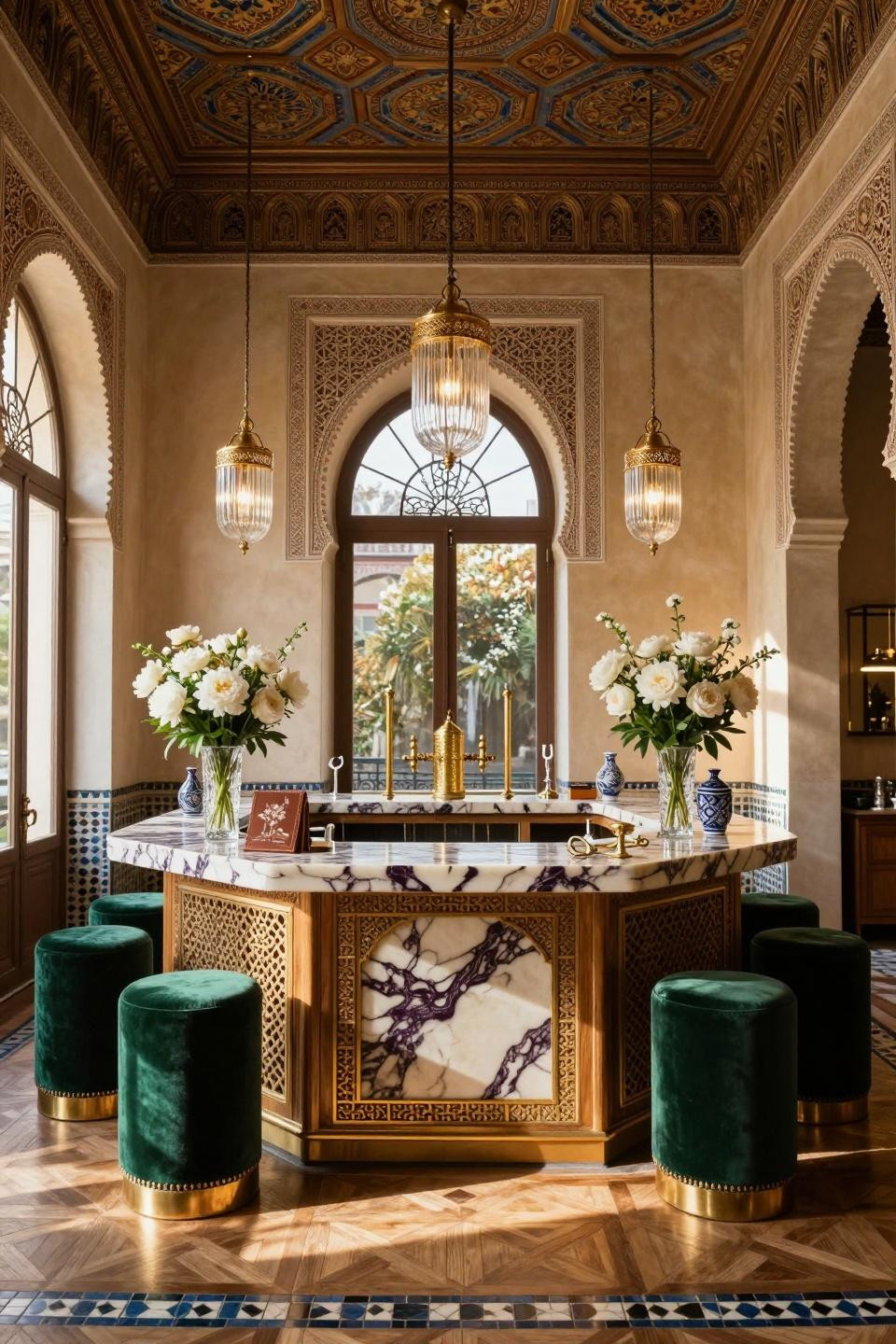 Flower bar sign in Parisian space with Moroccan zellige details
