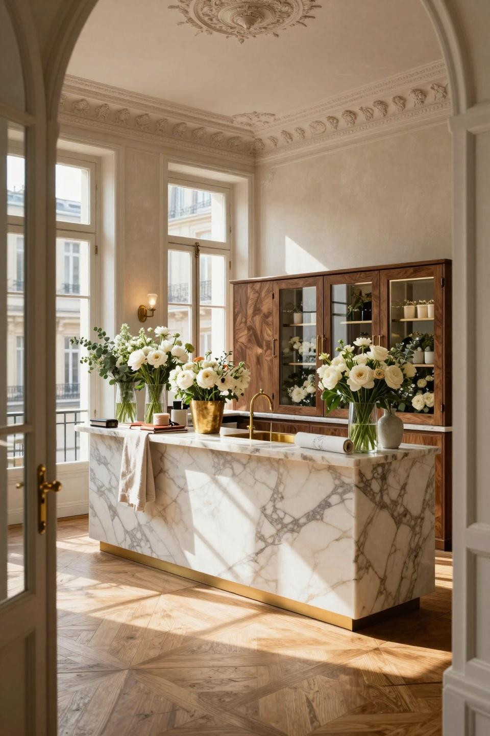 Make Your Own Flower Bouquet Bar with Calacatta Gold marble and Italian walnut burl millwork