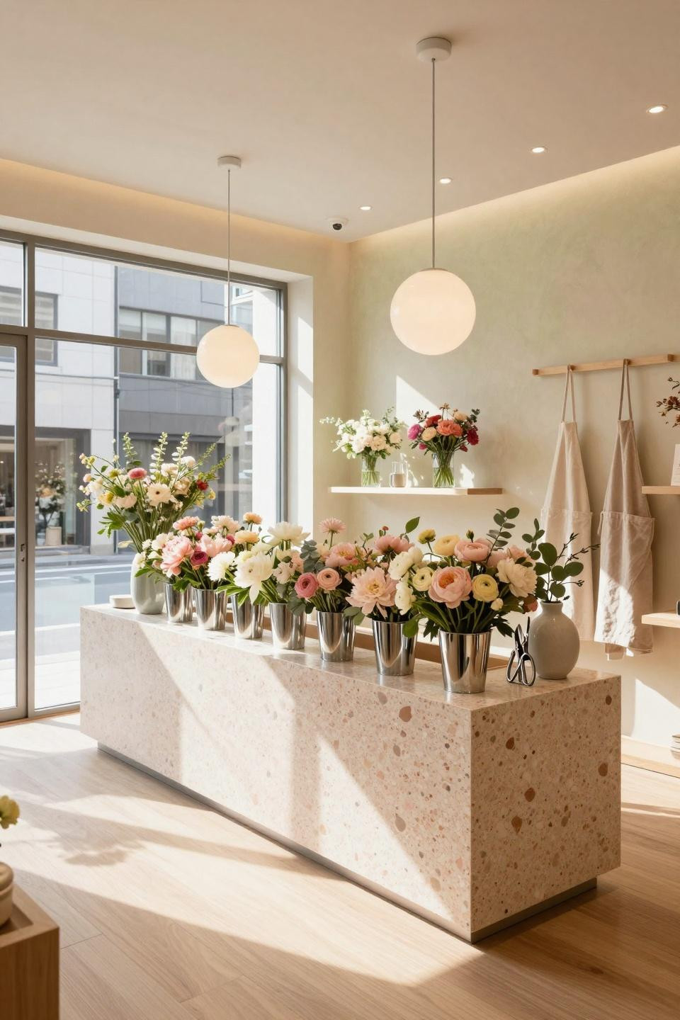 Make Your Own Flower Bouquet Bar with terrazzo Veneziano and polished chrome fixtures