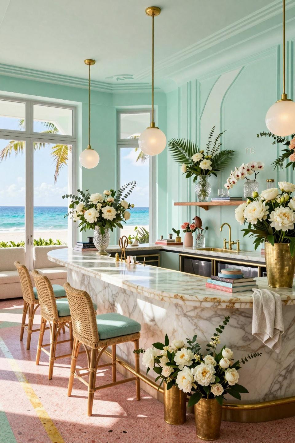 Make Your Own Flower Bouquet Bar with Calacatta Gold marble waterfall and polished brass