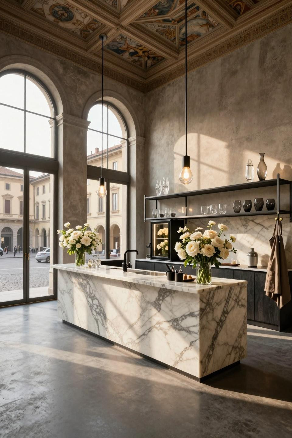 Make Your Own Flower Bouquet Bar with book-matched Calacatta Viola marble and blackened steel