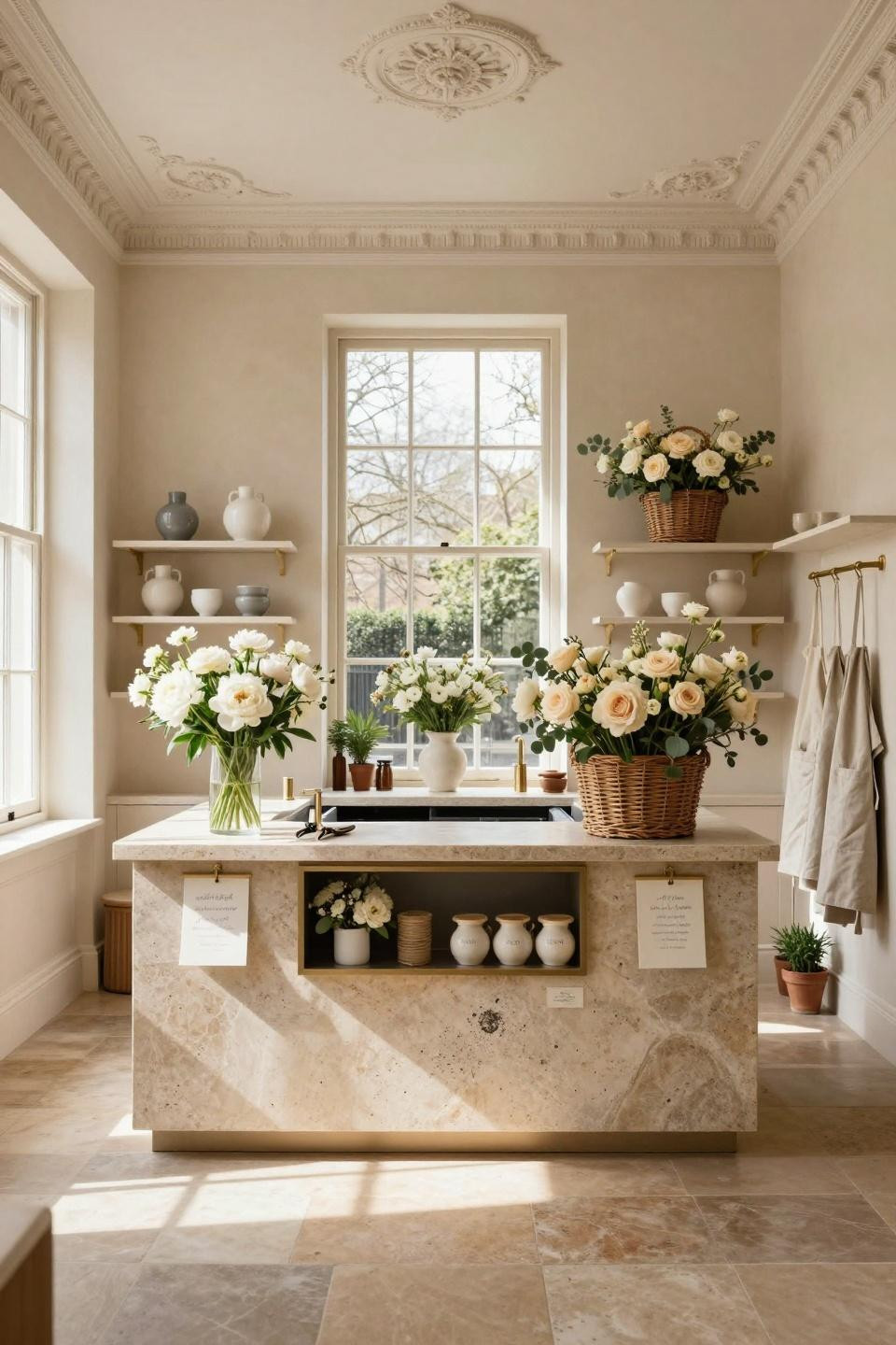 Make Your Own Flower Bouquet Bar with French limestone and satin nickel fixtures