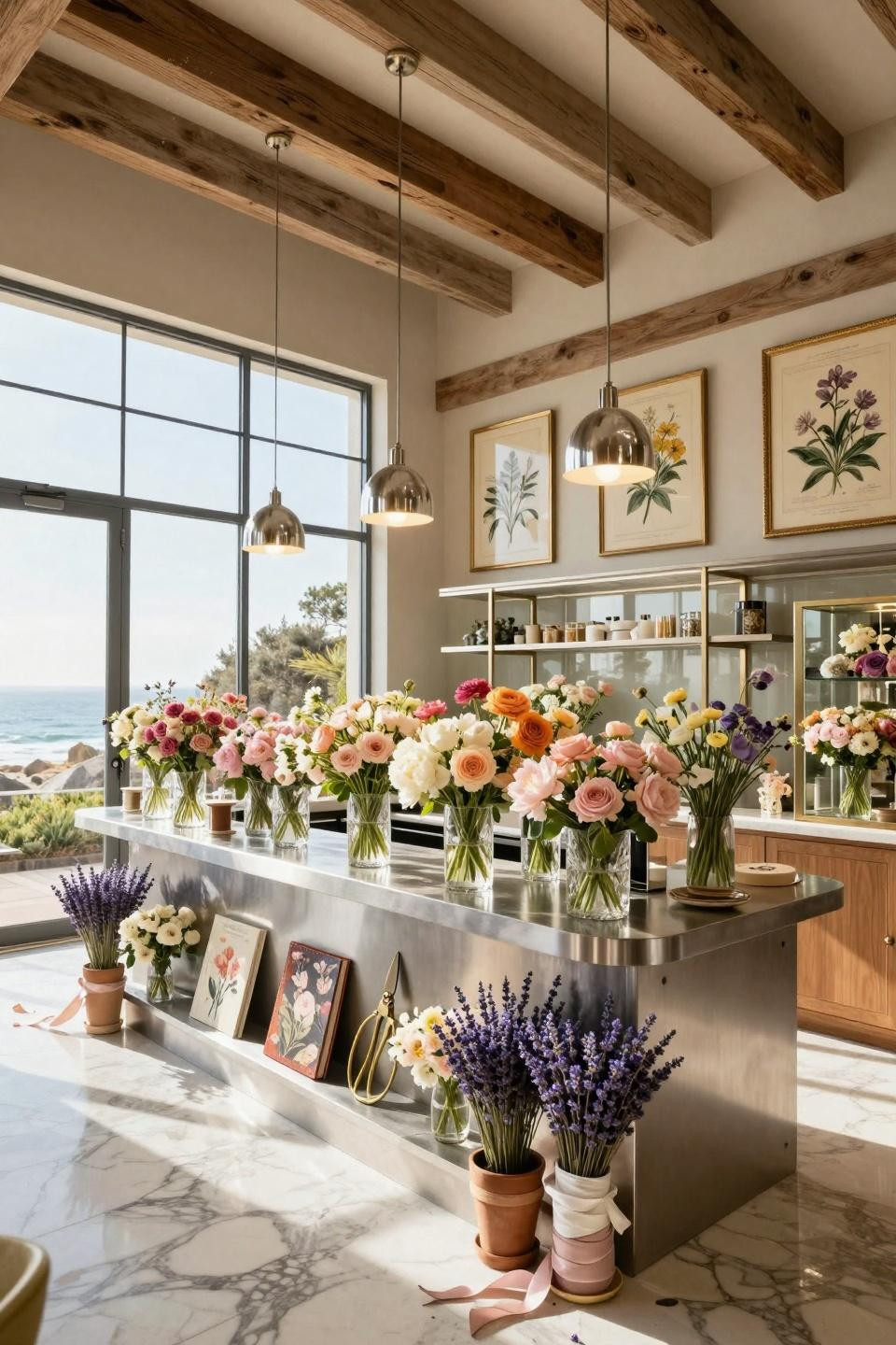 Make Your Own Flower Bouquet Bar with platinum-finished steel and porcelain counter