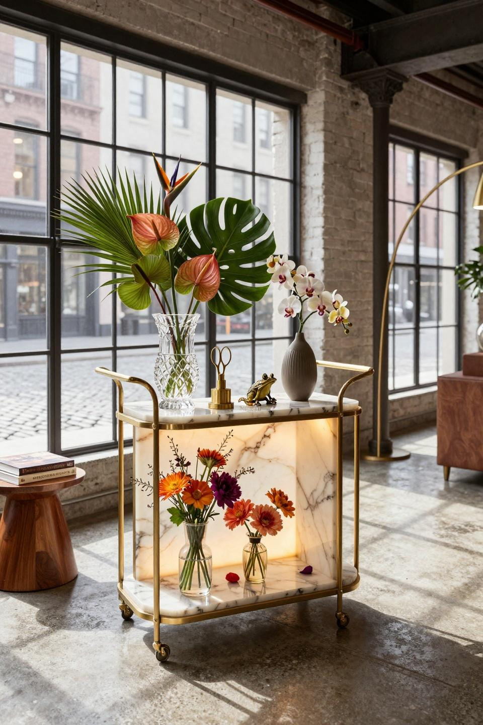 Flower Bar Cart with hand-carved onyx shelving and brushed brass geometric frame