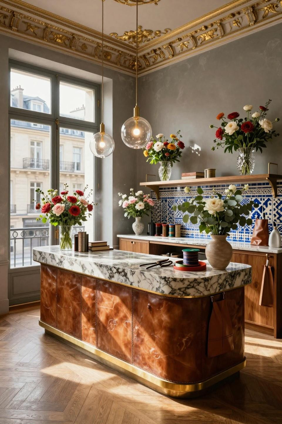 Flower Booth Display Ideas with book-matched Patagonia granite and saddle leather inlay