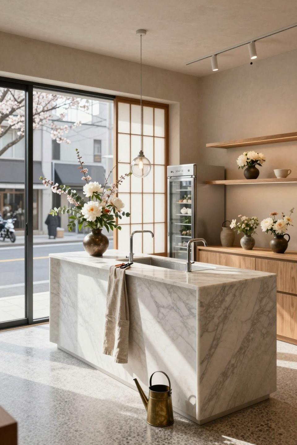 Diy Bloom Bar with honed Carrara marble and minimalist chrome fixtures