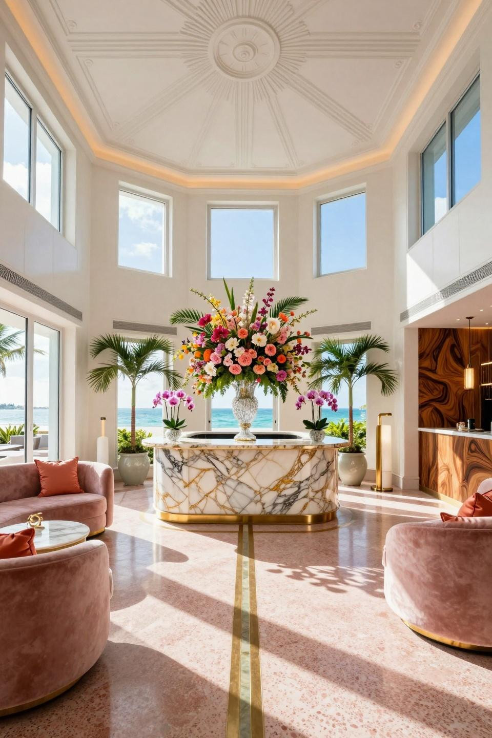 Flower Bar Wedding setup with Calacatta Gold marble and Art Deco porthole windows