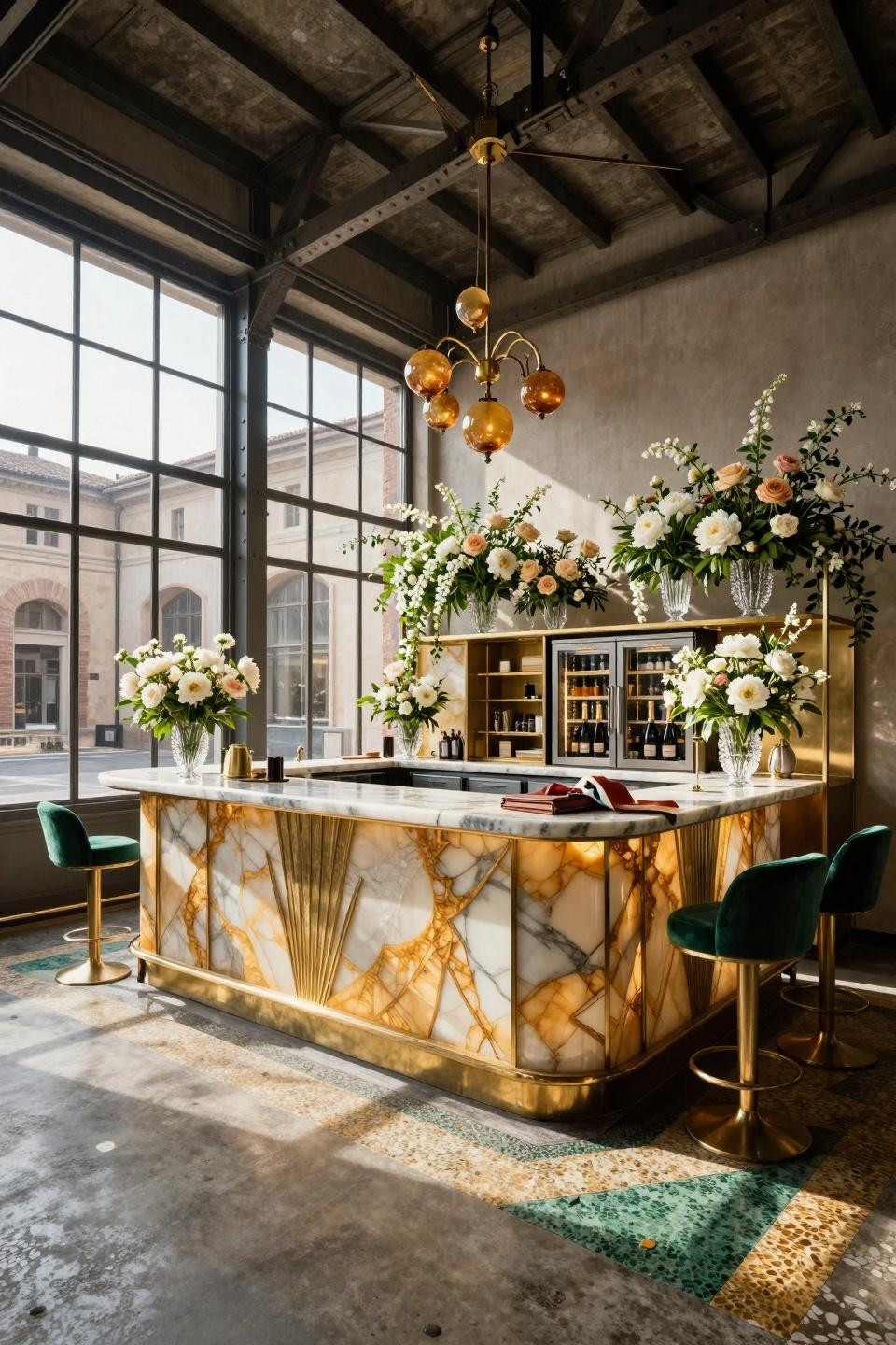 Floral Bar featuring backlit honey onyx panels and hand-hammered 24k gold leaf details