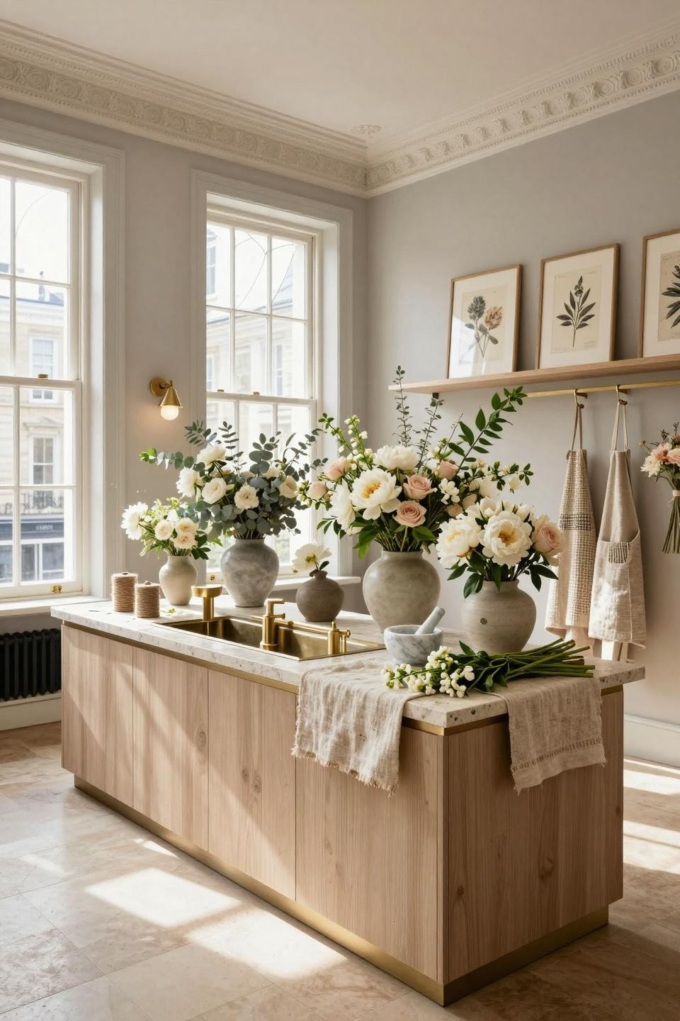 Flower Shop Display with French limestone surfaces and vintage ceramic vessels