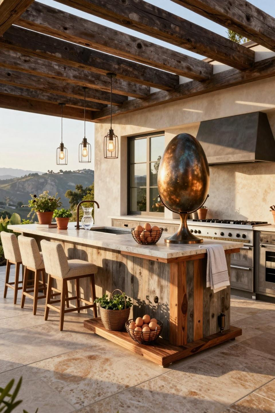Small farm stand with honed travertine and aged bronze details