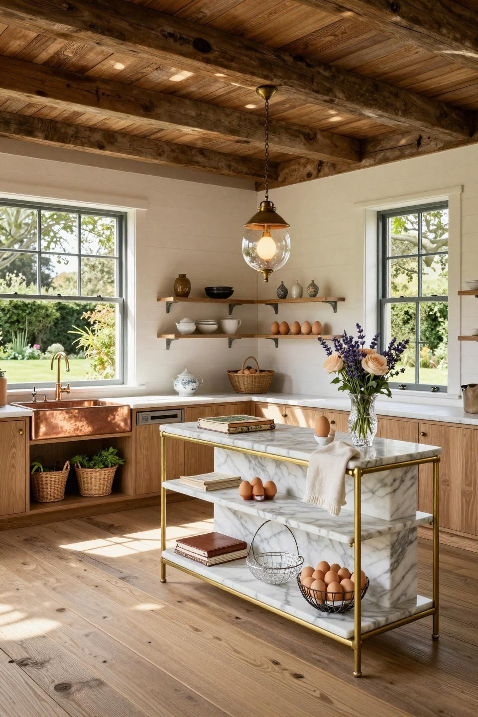 Small farm stand with brass framework and Calacatta Gold marble shelves