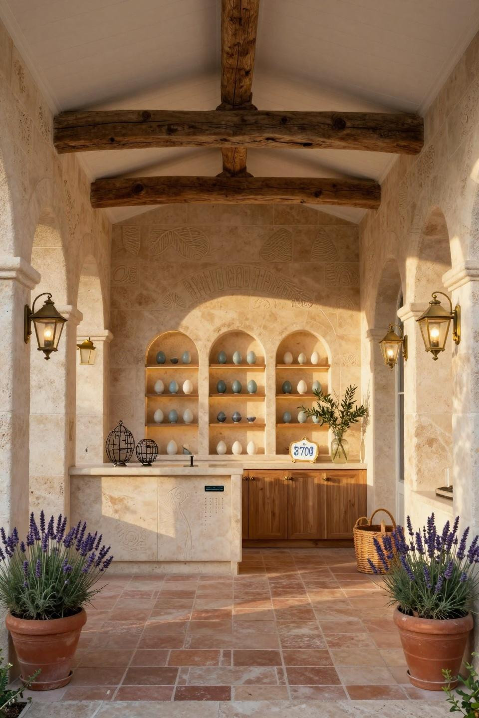 Egg farm pavilion with Jerusalem limestone walls and hand-carved details