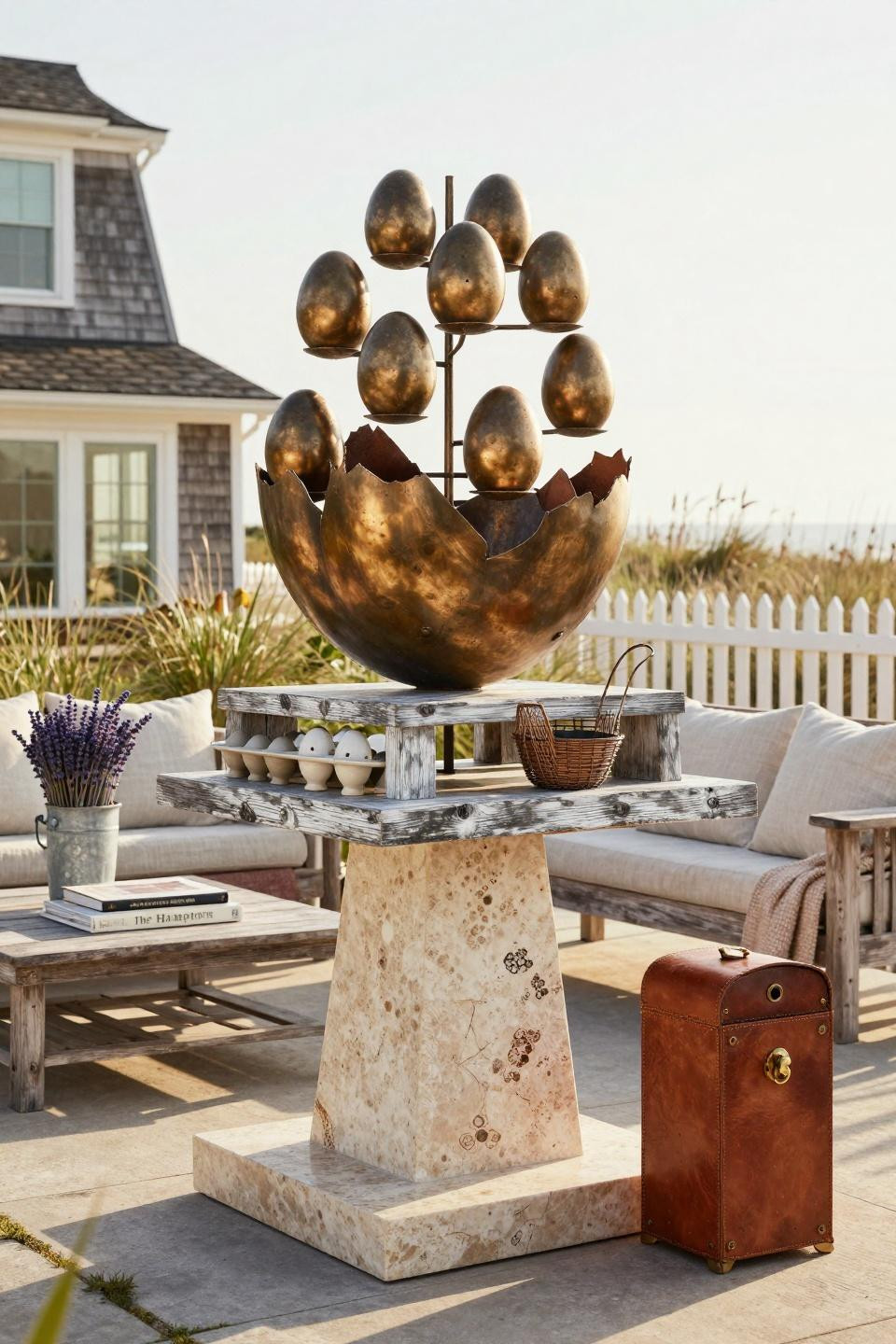 Egg stand roadside installation with hand-carved travertine pedestal and aged bronze