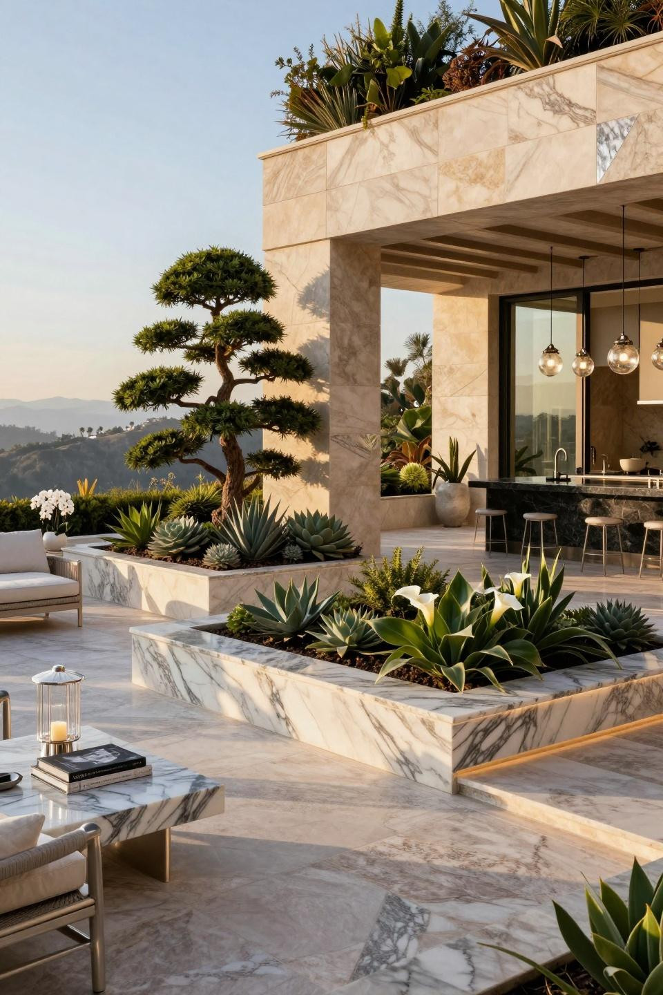 Simple landscaping front yard with book-matched Calacatta Borghini marble and sculptural succulents