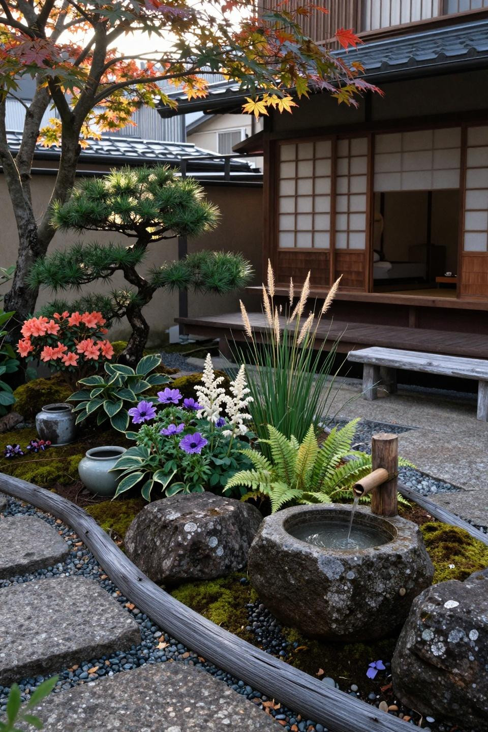 Simple landscaping front yard with weathered granite boulders and Japanese maple canopy