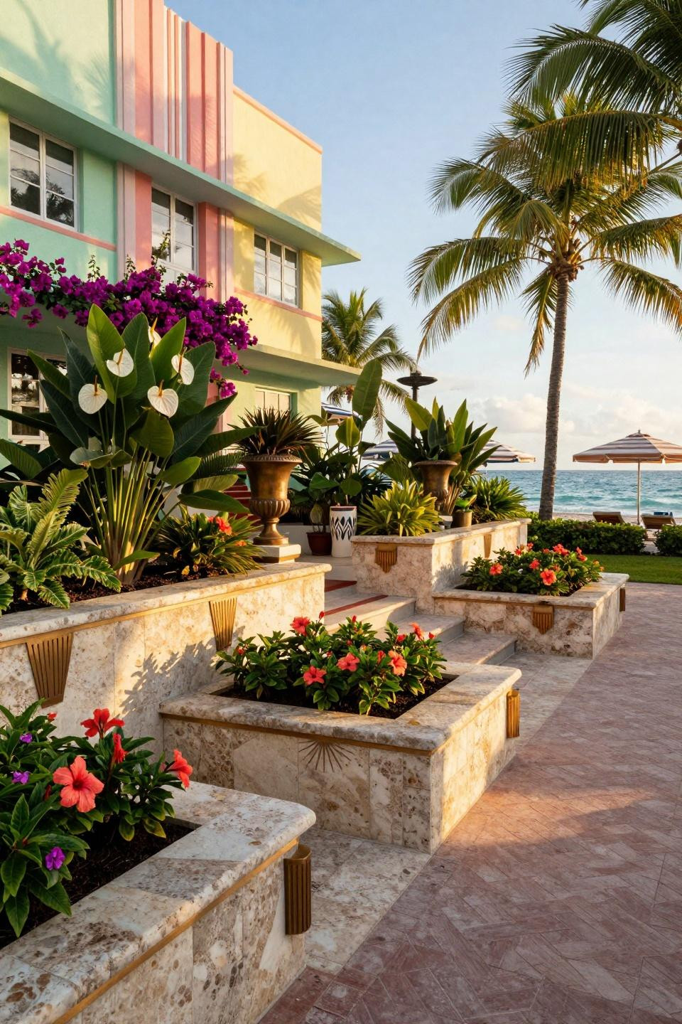 Simple landscaping front yard with travertine stone walls and Art Deco bronze inlays