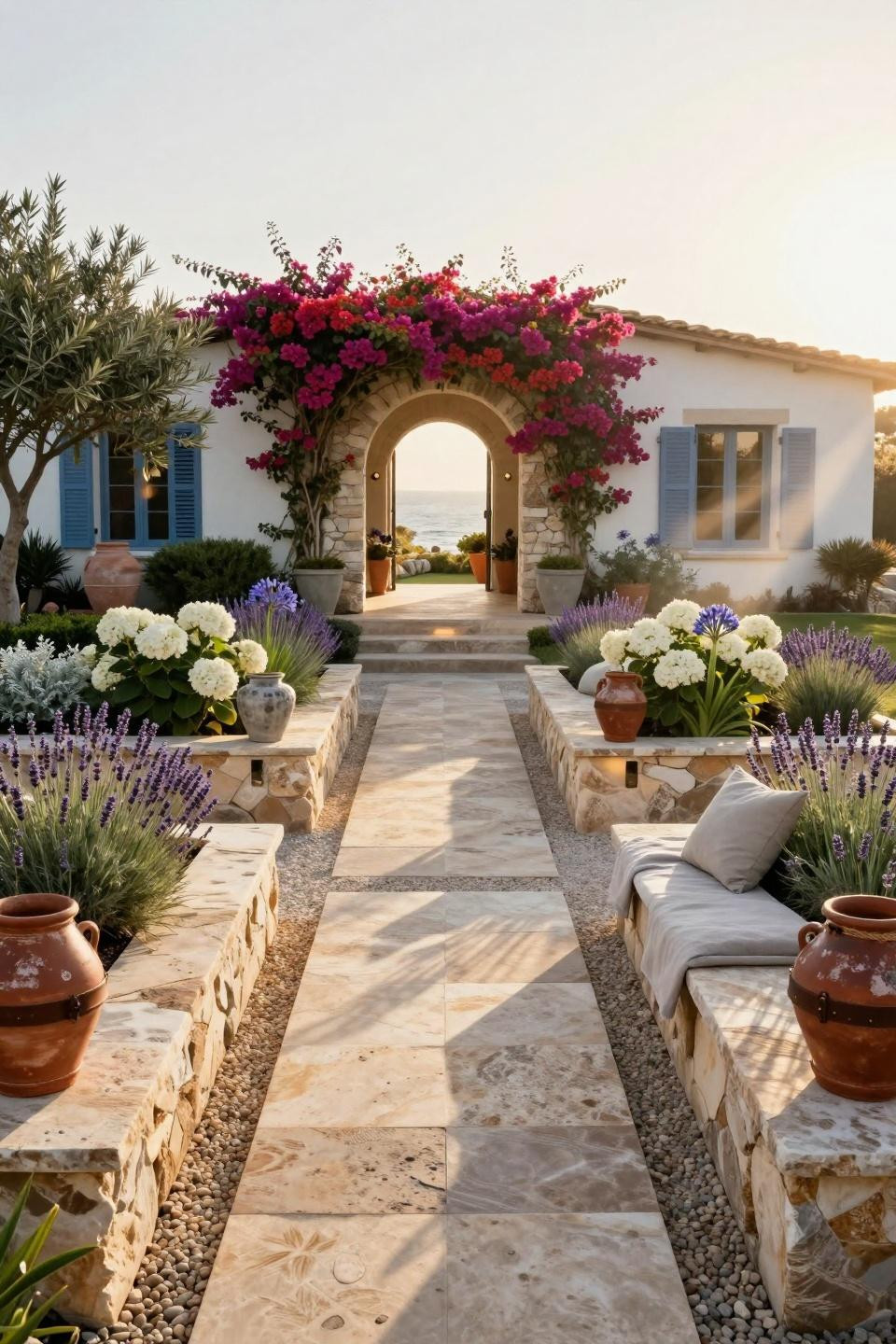 Simple landscaping front yard with locally sourced sandstone and lavender fields