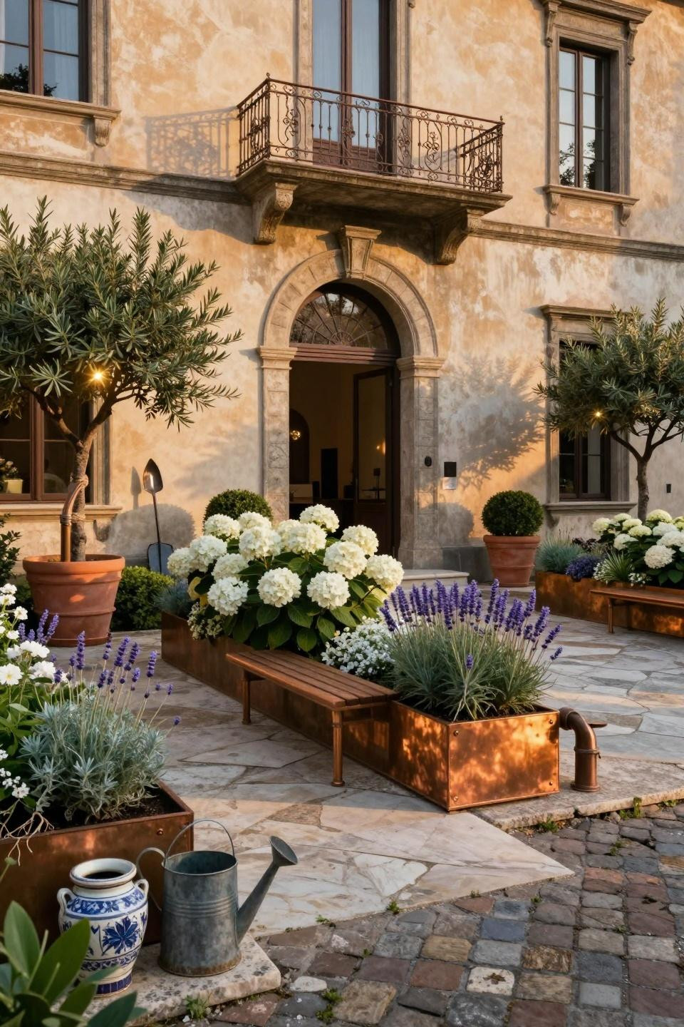 Simple landscaping front yard with aged copper planters and quartzite stone edging