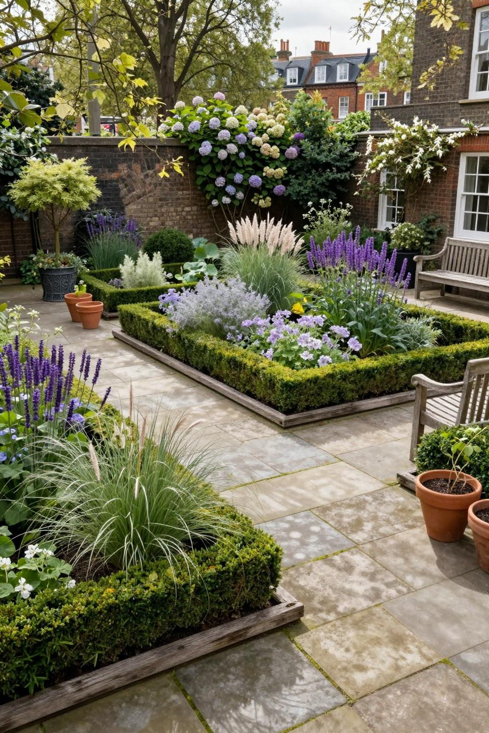 Simple landscaping front yard with reclaimed York stone and Stipa tenuissima grasses